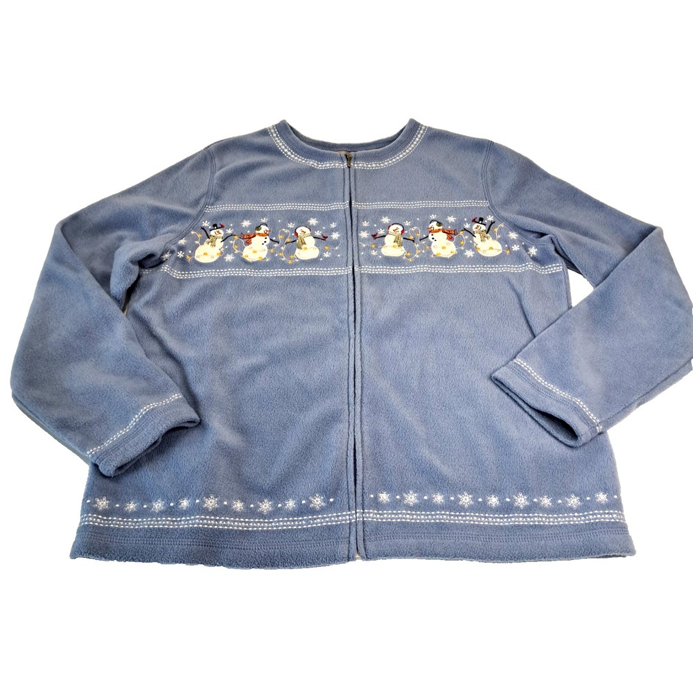 Fleece Sweater Embroidered Snowmen Women's M Jacket Full Zip Blue Winter Cozy